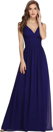 Women'S V Neck Empire Waist A-Line Chiffon Long Evening Dress 09016