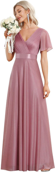 Women'S Sparkling Ruffles Sleeve Deep V-Neck Empire Waist A-Line Bridesmaid Dress EE50159