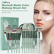 Makeup Brushes  15Pcs Premium Synthetic Bristles Green Conical Handle Kabuki Foundation Brush Makeup Sets Professional Portable Flannel Bag