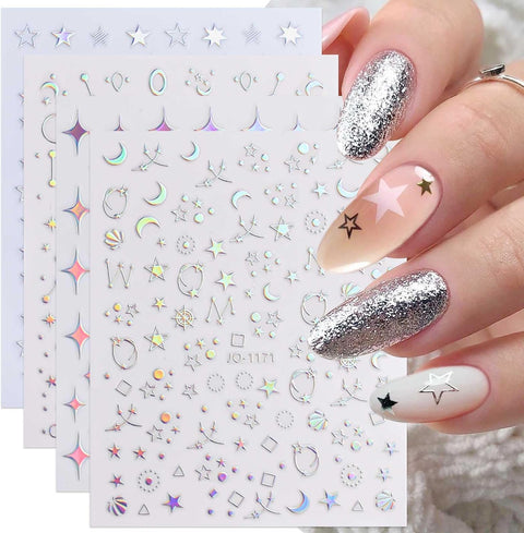 9 Sheets Aurora Holographic Nail Art Stickers Decals Self-Adhesive Stars Moon Nail Supplies Nail Art Design Decoration Accessories