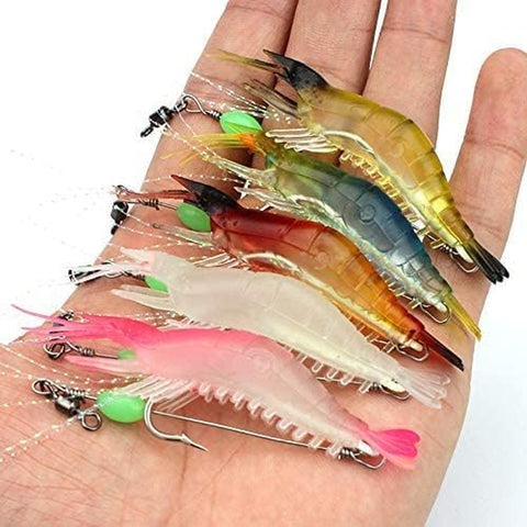 5Pcs Soft Luminous Shrimp Lure Set, 5 Colors Shrimp Bait Shrimp Lures Fishing Kit Fishing Bait with Hooks Beads Fishing Tackles for Freshwater Saltwater Bass Trout Catfish Salmon