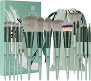 Makeup Brushes  15Pcs Premium Synthetic Bristles Green Conical Handle Kabuki Foundation Brush Makeup Sets Professional Portable Flannel Bag