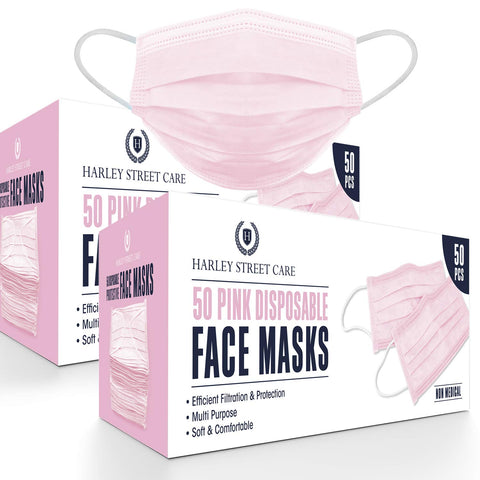 Harley Street Care Disposable Pink Face Masks Protective 3 Ply Breathable Triple Layer Mouth Cover with Elastic Earloops (Pack of 100)