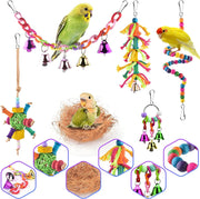 Bird Parrot Toys 8 PACK, Hanging Natural Wooden Coconut Perch Lovebrid Birds House with Ladder, Stand Chewing Bell Pet Birds Cage Toy Accessories Suitable for Parakeet, Conure, Cockatiel, Mynah