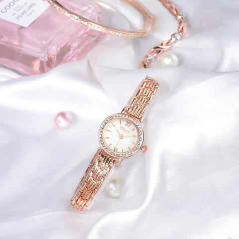 Clastyle Watch and Bracelet Set for Women Rhinestone Slim Ladies Wrist Watch Set Mother of Pearl Ladies Bangle Watches Jewellery and Watches Gift Set