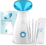 Nanosteamer Large 3-In-1 Nano Ionic Facial Steamer with Precise Temp Control - 30 Min Steam Time - Humidifier - Unclogs Pores - Blackheads - Spa Quality- Bonus 5 Piece Stainless Steel