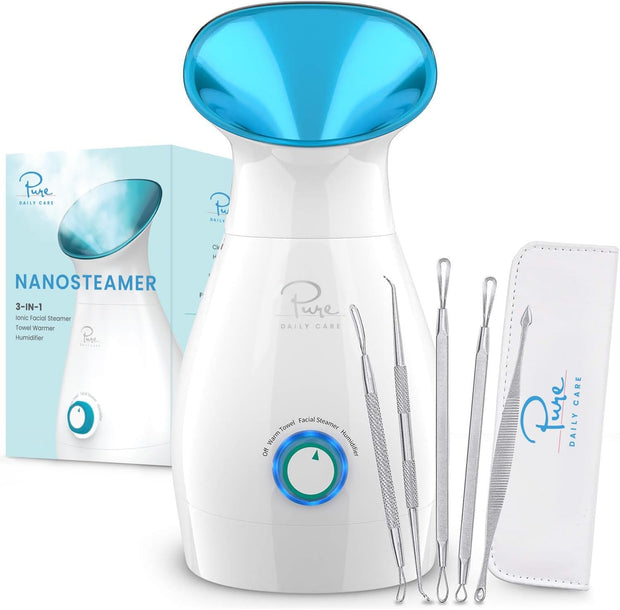 Nanosteamer Large 3-In-1 Nano Ionic Facial Steamer with Precise Temp Control - 30 Min Steam Time - Humidifier - Unclogs Pores - Blackheads - Spa Quality- Bonus 5 Piece Stainless Steel