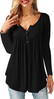 Women Casual V Neck Tops Long Sleeve Pleated Tunic Tops Shirts Blouse