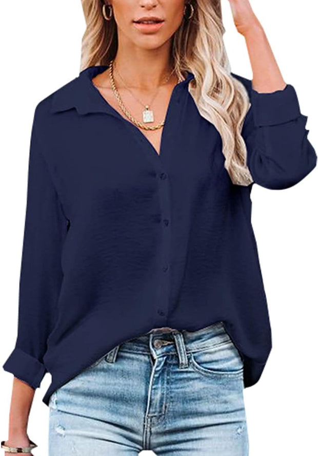 Womens Blouse Casual Long Sleeve Shirt Tops V Neck Button down Shirts Basic Loose Tunic T Shirts