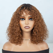 Short Curly Bob Wig with Bangs Human Hair for Black Women Ombre Brown 10 Inch Water Wave Bob Wig 150% Density Glueless Wig (Color: TT1B/30)