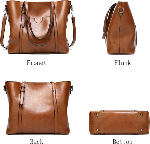 Womens Handbags Soft Leather Large Capacity Retro Vintage Top-Handle Casual Pocket Tote Shoulder Cross-Body Bags Brown