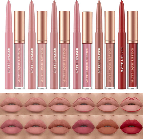 12 Pcs Liquid Lipstick Lipliner Set Nude Lipliner Matte Lipstick Long Lasting Non-Fading Stay on 24 Hours Waterproof Lip Glosses Makeup Set Gift for Women (Set C)