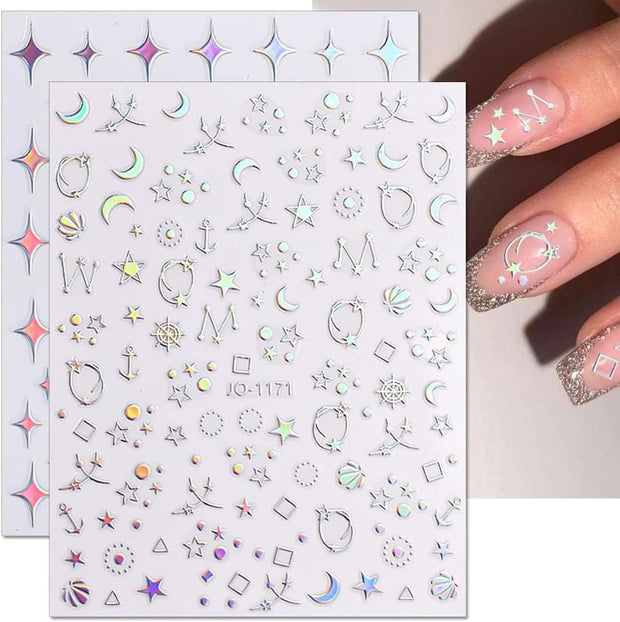 9 Sheets Aurora Holographic Nail Art Stickers Decals Self-Adhesive Stars Moon Nail Supplies Nail Art Design Decoration Accessories