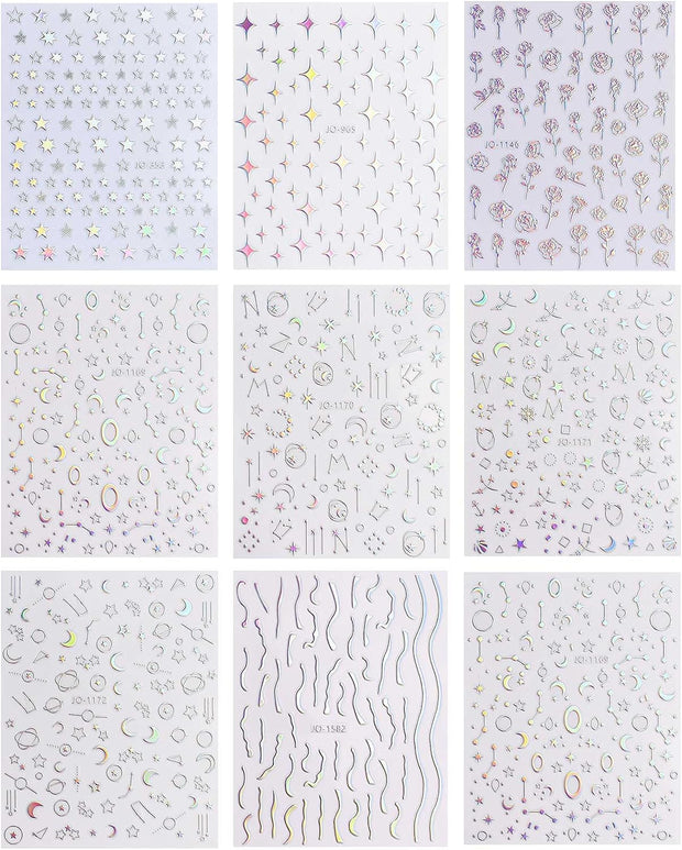 9 Sheets Aurora Holographic Nail Art Stickers Decals Self-Adhesive Stars Moon Nail Supplies Nail Art Design Decoration Accessories