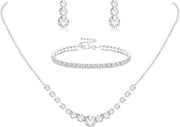 Silver Jewelry Set for Women Rhinestone Crystal Necklace Drop Earrings Link Bangle Bracelet Bridal Wedding Jewelry Sets for Brides Bridemaid Prom Costume Accessories