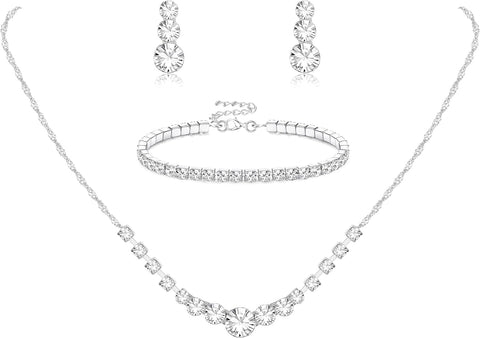 Silver Jewelry Set for Women Rhinestone Crystal Necklace Drop Earrings Link Bangle Bracelet Bridal Wedding Jewelry Sets for Brides Bridemaid Prom Costume Accessories