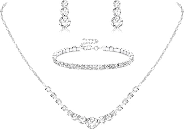 Silver Jewelry Set for Women Rhinestone Crystal Necklace Drop Earrings Link Bangle Bracelet Bridal Wedding Jewelry Sets for Brides Bridemaid Prom Costume Accessories