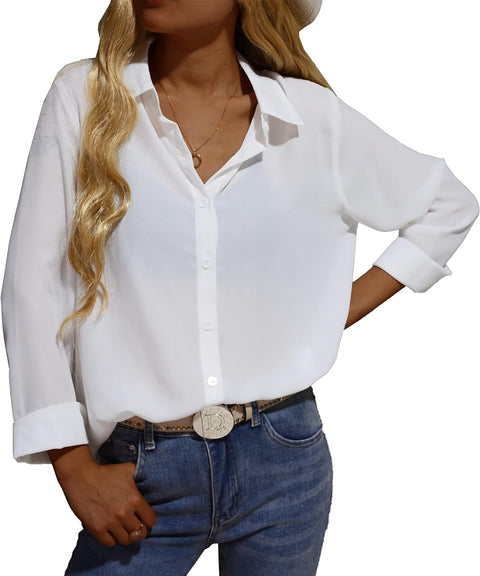 Womens Button down V Neck Shirts Chiffon Long Sleeved Loose Fit Blouse Summer Elegant Tops