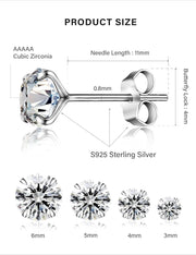 4 Pairs Sterling Silver Earrings for Women,Stud Earrings for Women,5A+ Cubic Zirconia Size: 3/4/5/6Mm，Hypoallergenic Earrings Set Anti-Oxidation Elastic Packing Box