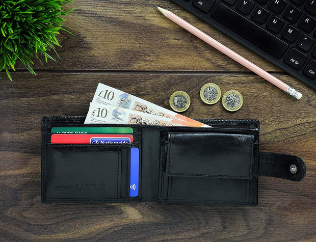 All-In-One Handmade Mens Wallet, RFID Blocking Wallet with Coin Pocket, Fine Leather Card Wallet for Men with 8 Slots and Zip Section, in Wooden Mens Gift Box, Black Wallet