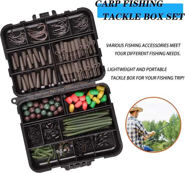 246Pcs Carp Fishing Tackle Box Set, Fishing Accessories Kit Including Carp Hooks Quick-Change Swivels Anti-Tangle Sleeves Fishing Beads Corns Rig Tubing for Carp Fishing Hair Rigs