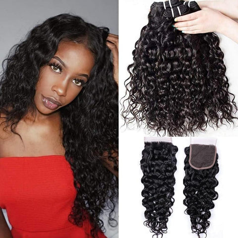 Water Wave Human Hair Bundles with Closure Brazilian Hair Bundles with Closure 3 Bundles Human Hair Weaving Double Weft Wet and Wavy Remy Human Hair Bundles with Closure Natural Black 14 16 18+14 Inch