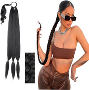 32Inch Long Braid Ponytail Extension Straight Sleek Wrap around Braid Hair Extensions Ponytail Synthetic Hair Pieces for Women Girls (Natural Black)