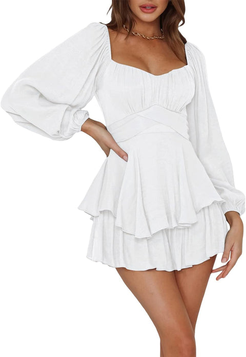 Women off Shoulder Loose Dress Romper Long Sleeve Ruffle Layer Boho Short Jumpsuit Streetwear