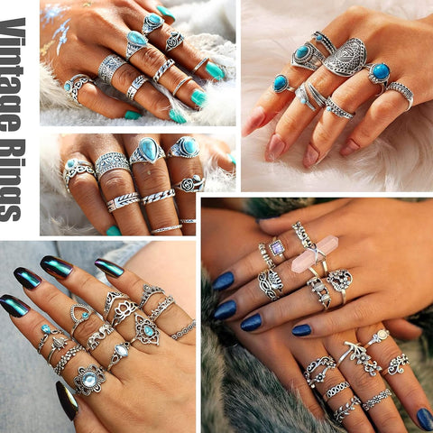 82 Pcs Vintage Silver Knuckle Rings Set for Women Teen Girls Bohemian Stackable Joint Finger Rings Retro Stone Crystal Stacking Midi Rings Pack