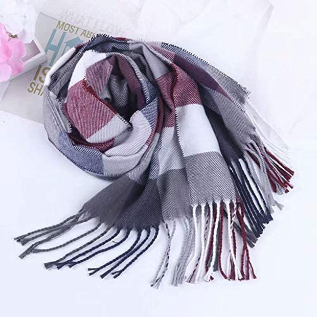 Winter Long Soft Warm Tartan Check Scarves Wraps for Women Wool Spinning Tassel Shawl Long Stole