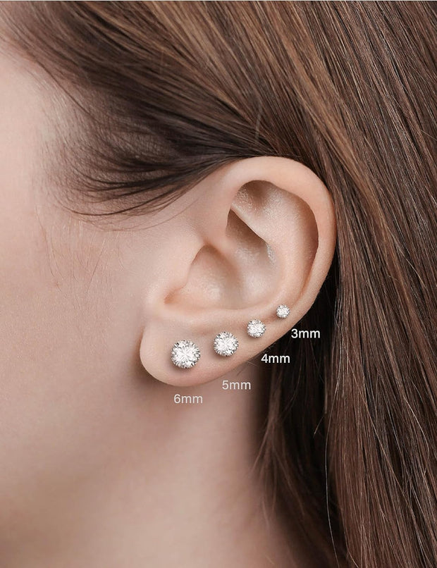 4 Pairs Sterling Silver Earrings for Women,Stud Earrings for Women,5A+ Cubic Zirconia Size: 3/4/5/6Mm，Hypoallergenic Earrings Set Anti-Oxidation Elastic Packing Box