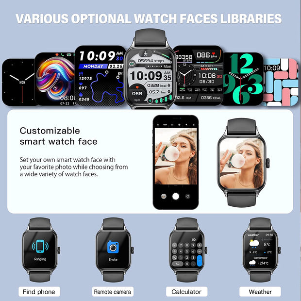 Smart Watch (Answer/Make Call), 1.85" TFT HD Display Fitness Watch for Women Men with Pedometer, Heart Rate, SMS Reminder, Voice Assistant, Multiple Sports Modes (Black)