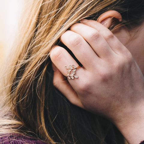 Rose Gold Plated Adjustable Leaf Ring Created with Zircondia® Crystals