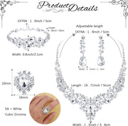 5PCS Bridal Wedding Jewellery Set for Women Crystal Teardrop Cluster Necklace Dangle Earrings and Zircon Bracelet Ring Set Wedding Engagement Bridesmaid Costume Dress Prom Jewellery