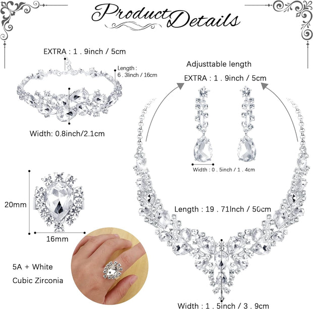 5PCS Bridal Wedding Jewellery Set for Women Crystal Teardrop Cluster Necklace Dangle Earrings and Zircon Bracelet Ring Set Wedding Engagement Bridesmaid Costume Dress Prom Jewellery