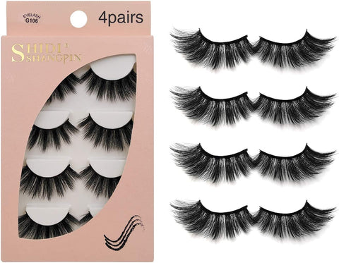 False Eyelashes 4 Pairs - Professional Reusable Face Eyelashes Fit for All Eyes, Natural Thick Hand-Made 3D Faux Mink Eyelashes for a Beautiful Makeup Look (G106)