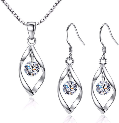 Silver Jewellery Set for Women, 925 Sterling Silver Women'S Jewellery Sets with White/Blue/Pink Zirconia, Hypoallergenic Twist Pendant Necklace & Hook Dangle Earrings Set Gift with Gift Box