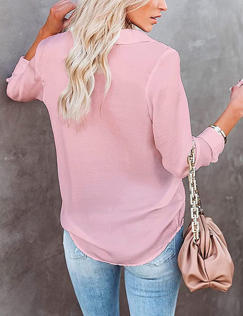 Womens Blouse Casual Long Sleeve Shirt Tops V Neck Button down Shirts Basic Loose Tunic T Shirts