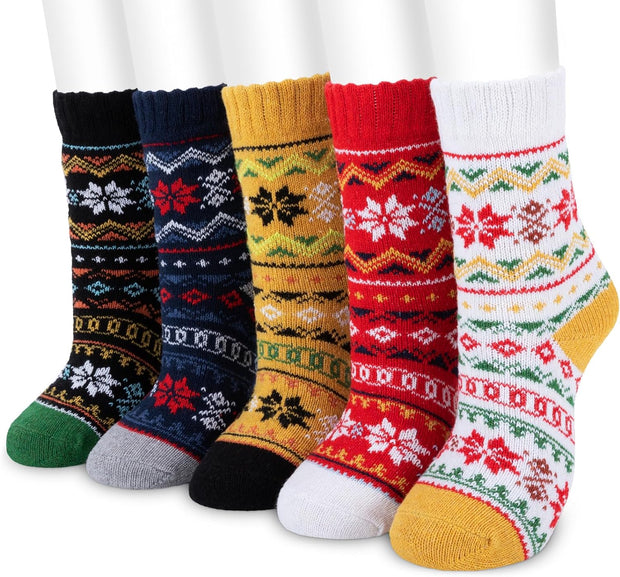 Women Winter Socks, 5 Pairs Thermal Wool Warm Knitting Ladies Socks Vintage Style Cotton Thick Bed Sock Multicoloured for Home Office School Hiking, Ideal Christmas Gifts 4/8 UK