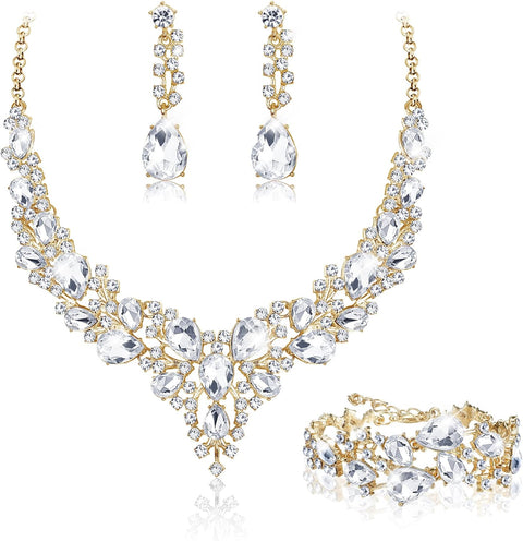 Bridal Wedding Jewellery Set for Women Crystal Teardrop Cluster Statement Necklace Earrings and Bracelet Set Gifts Wedding Engagement Bridesmaid Costume Dress Prom Jewellery Sets