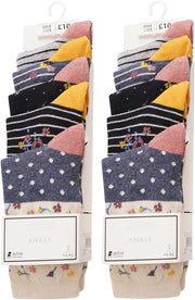 Ladies Ex Store Socks - 10 Pack - Cotton Rich Purista - Assorted Floral Spot Stripe Designs Socks - UK One Size