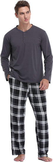 Men'S Pyjama Sets Long-Sleeve Pj'S Set Soft Loungwear Solid Top and Check Pant with Pockets S-XXL