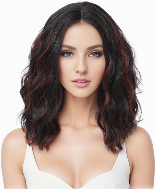 Wavy Bob Wig Natural Wig Lowlight Synthetic Hair Shoulder Length Short Curly Middle Part Lace Front Wigs for Women