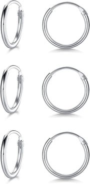 3 Pairs Silver Hoops Earrings for Women S925 Sterling Silver Small Hypoallergenic Earrings Set Cartilage Nose Lip Rings for Men Girls, 8/10/12Mm