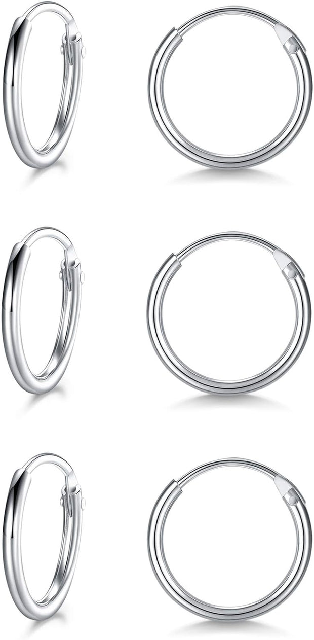 3 Pairs Silver Hoops Earrings for Women S925 Sterling Silver Small Hypoallergenic Earrings Set Cartilage Nose Lip Rings for Men Girls, 8/10/12Mm