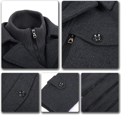 Mens Wool Coats Regular Fit Military Winter Trench Coat Hip-Length Thick Casual Peacoat