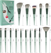 Makeup Brushes  15Pcs Premium Synthetic Bristles Green Conical Handle Kabuki Foundation Brush Makeup Sets Professional Portable Flannel Bag