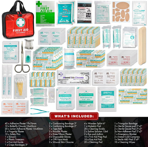 200 Pieces First Aid Kit with Hospital Grade Medical Supplies - Includes Emergency Blanket, Bandage, Scissors - Great for Home, Outdoors, Office, Car, Travel, Camping, Hiking, Boating (Red）