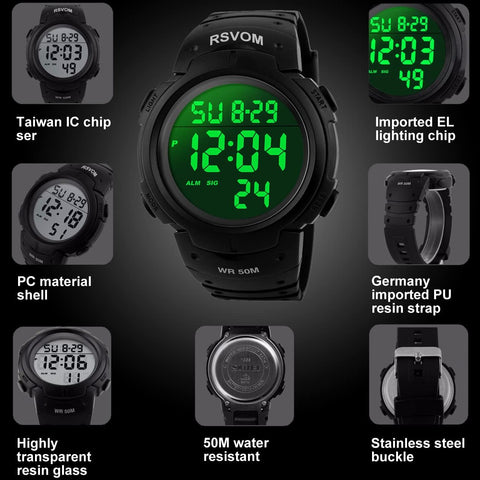 Mens Digital Watches, 5 ATM Waterproof Sport Watch with Alarm/Stopwatch Black Big Face Running Military Wrist Watch with LED Backlight for Men by