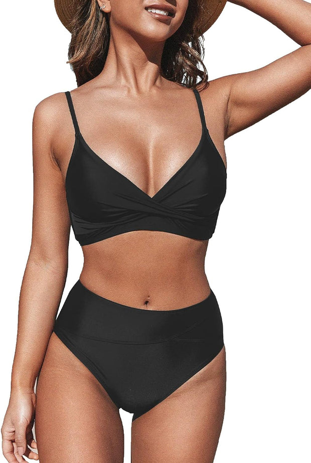 Women'S Twist Front High Waisted Bikini Set V Neck Padded Two Pieces Bathing Suits Swimsuits